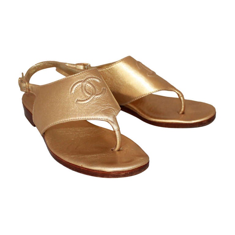 Chanel Gold Leather Sandals - 5 at 1stdibs