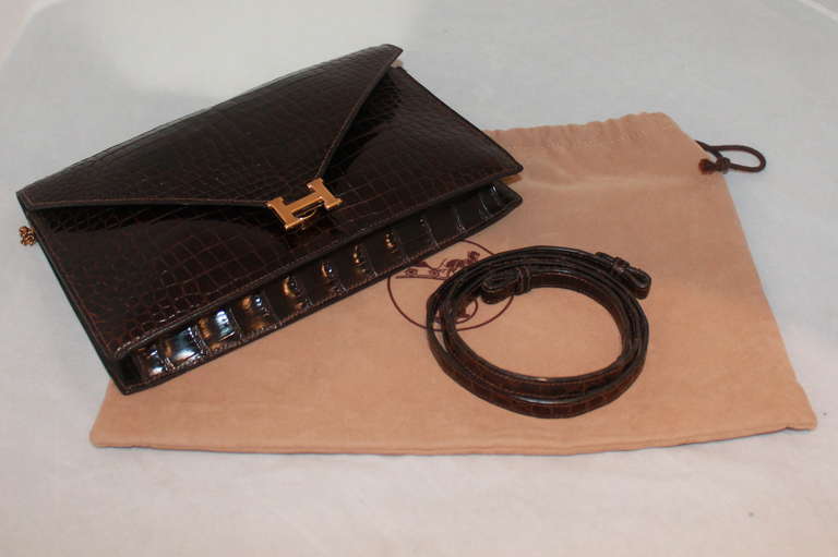 Hermes Shiny Marron Fonce Porosus Crocodile Lydie Clutch - 1982 2