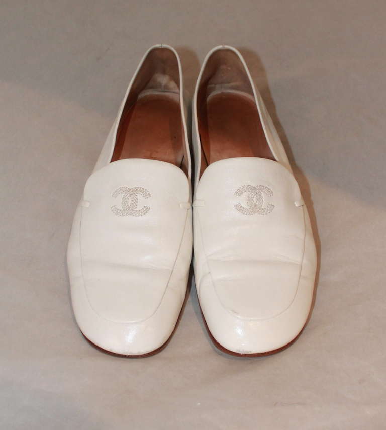 Chanel White Loafers with stitched 