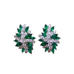 Sterling Silver, Emerald Color, and Rhinestone Earrings