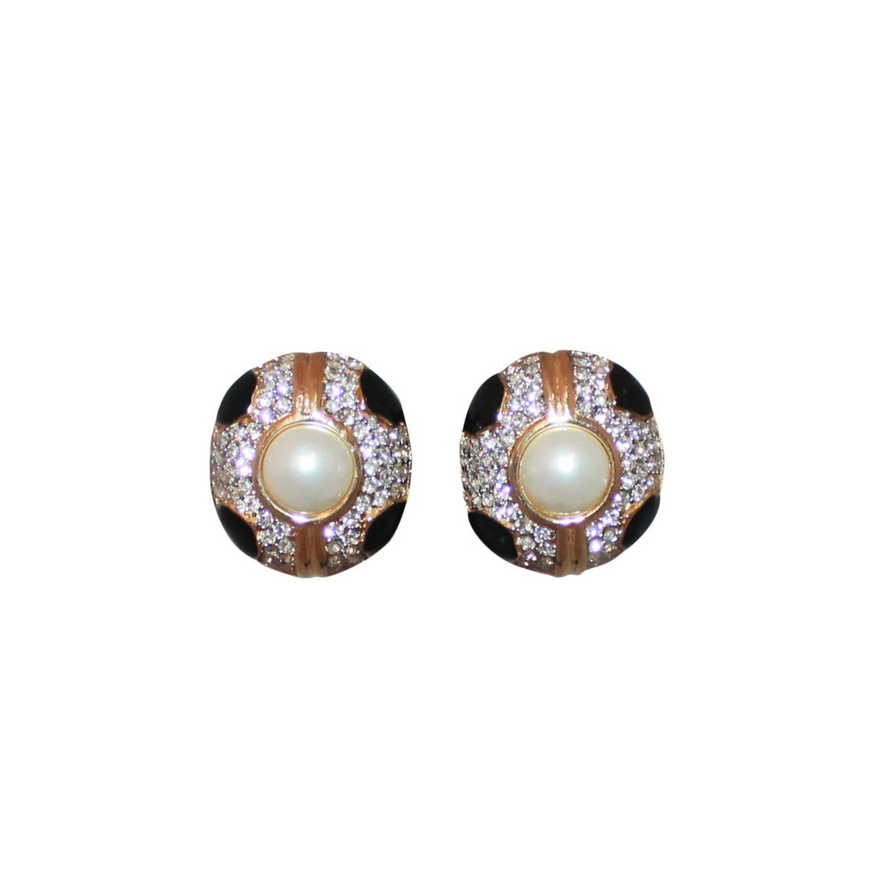 Ciner 1990's Vintage Black Enamel Pearl Clip-ons with Rhinestones