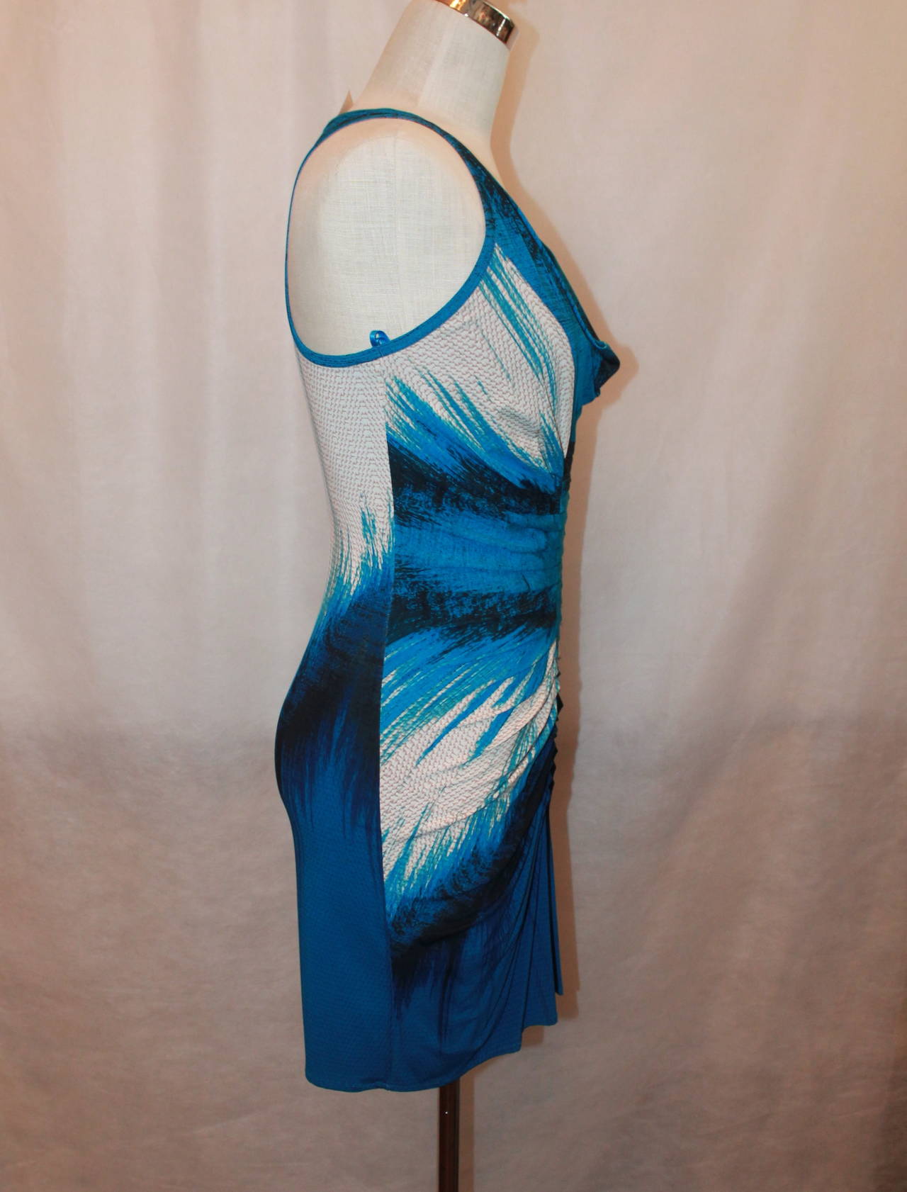 Roberto Cavalli Blue Ruched Sleeveless Short Dress - 4 For Sale at 1stDibs