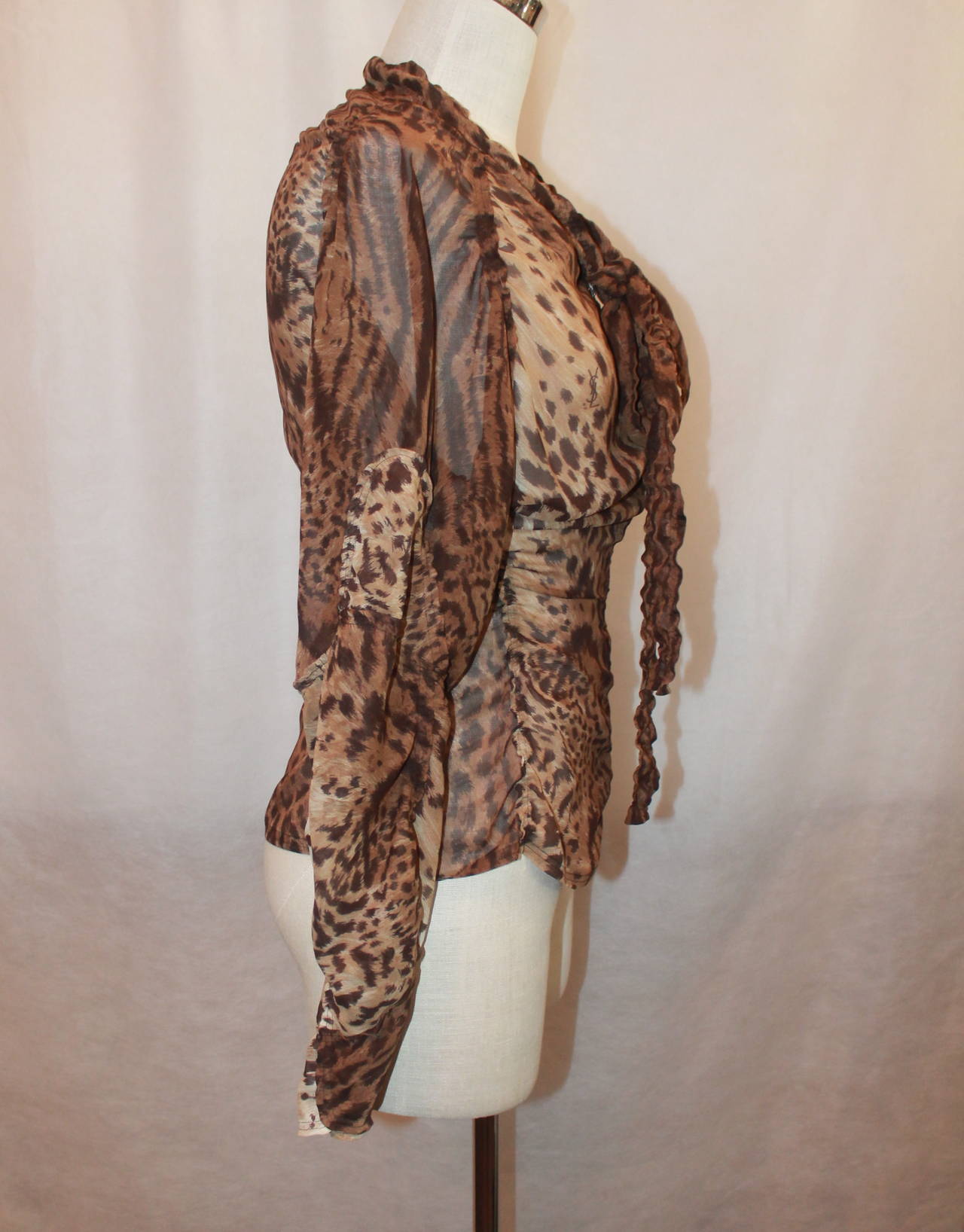 Women's YSL Leopard Printed Sheer Blouse with Gatherings - S