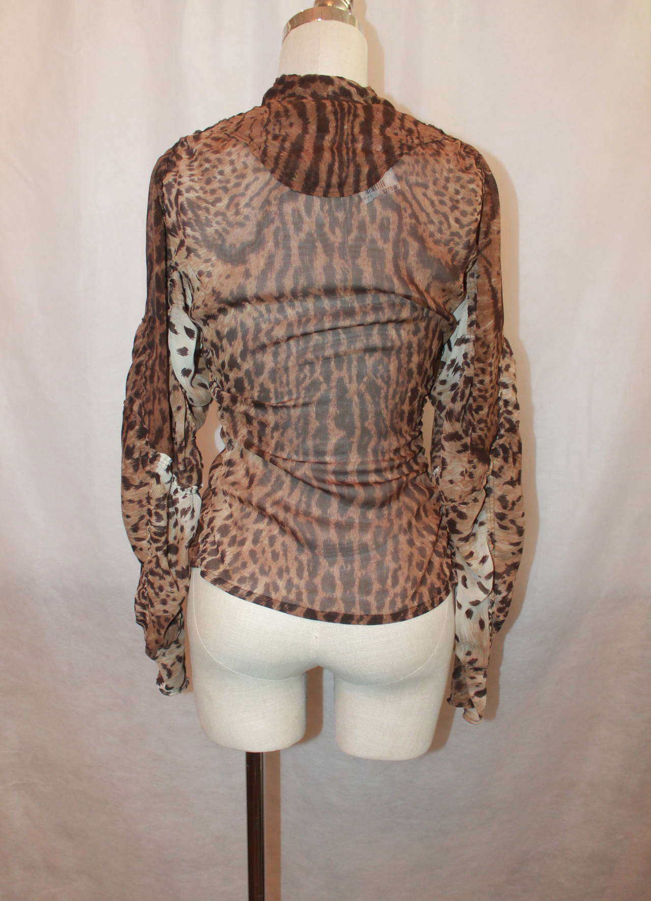YSL Leopard Printed Sheer Blouse with Gatherings - S 1