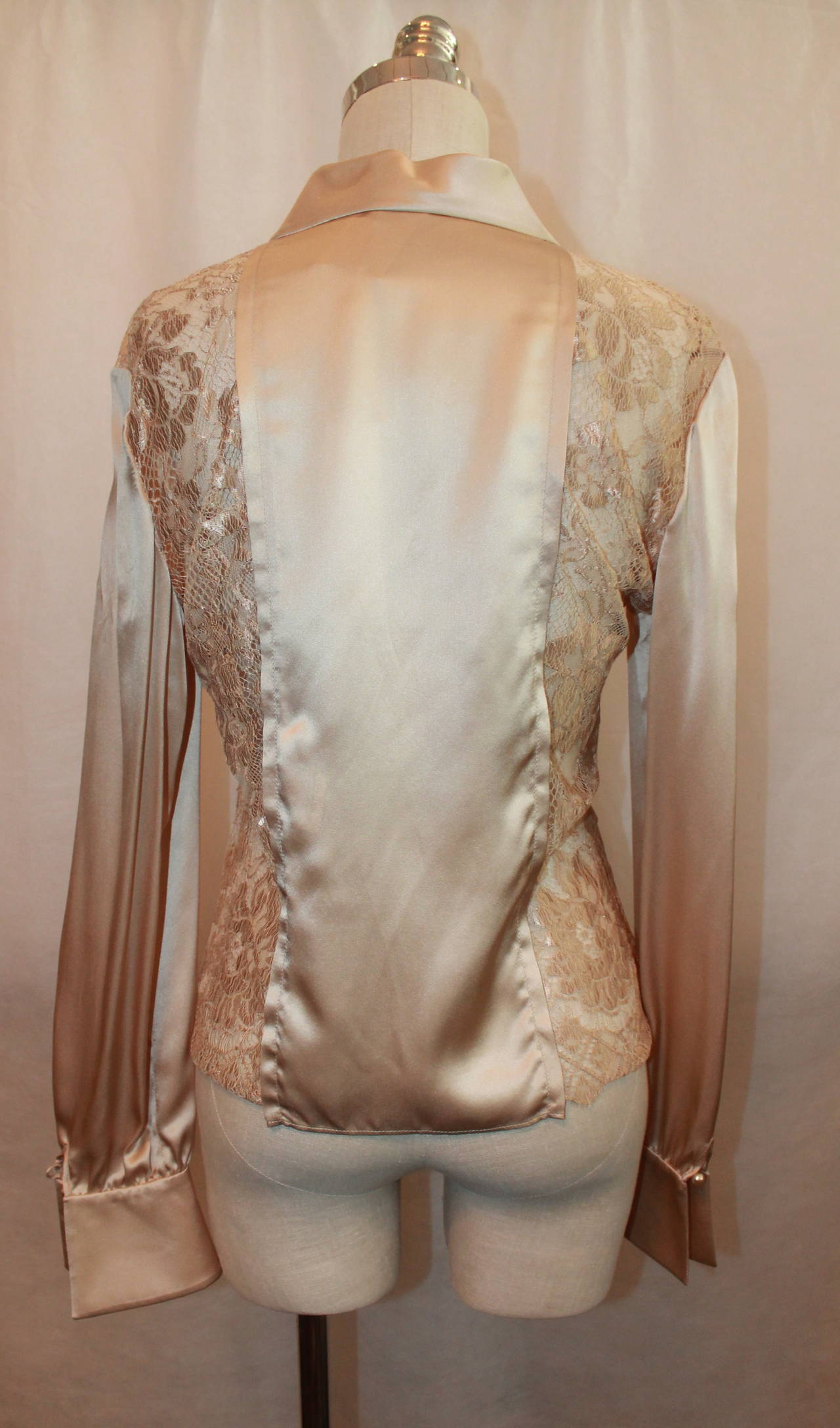 Valentino Beige Silk and Lace Long Sleeve Shirt - 10 In Excellent Condition In West Palm Beach, FL