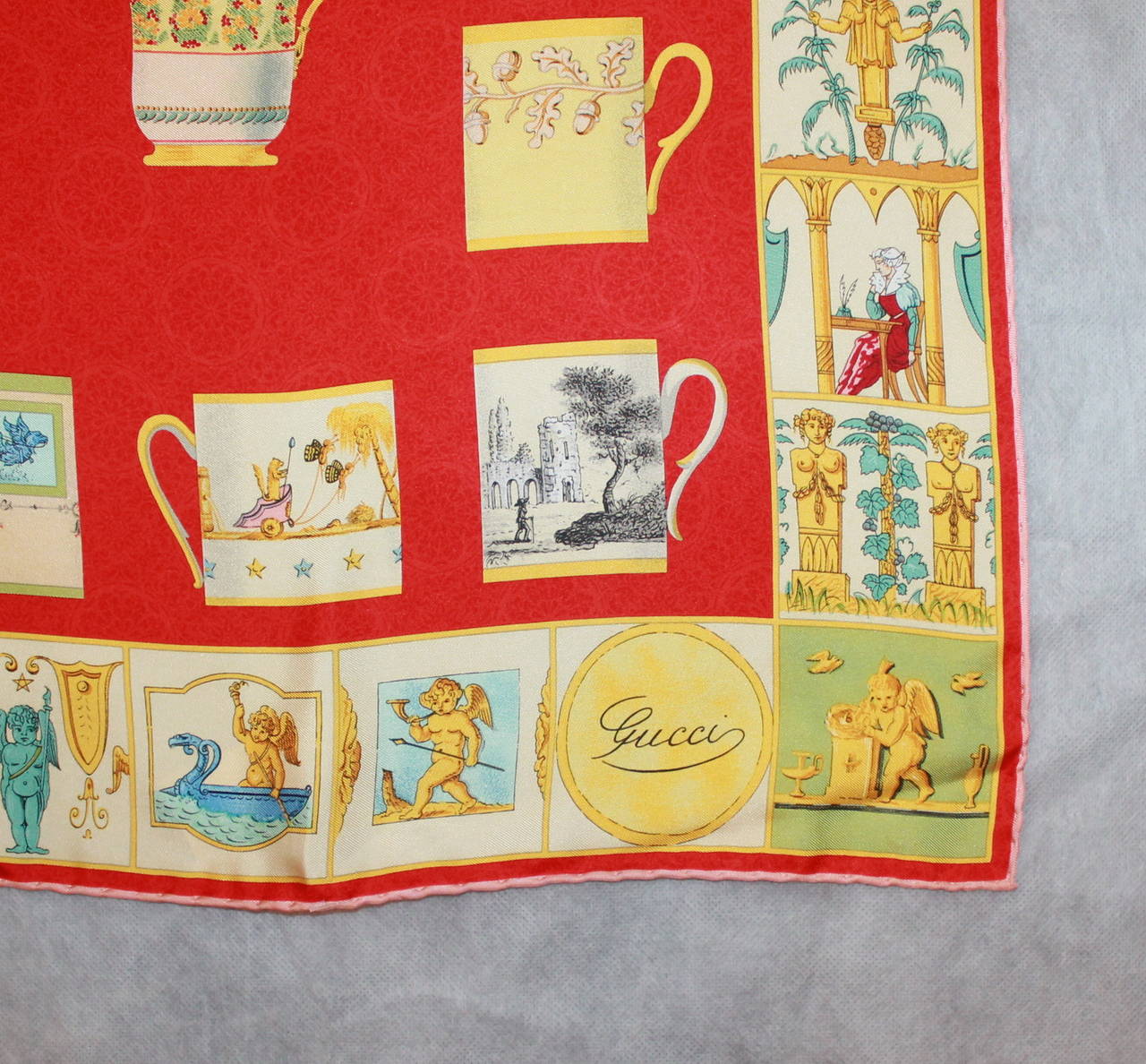 Gucci Red Tea Cup Printed Silk Scarf In Excellent Condition In West Palm Beach, FL