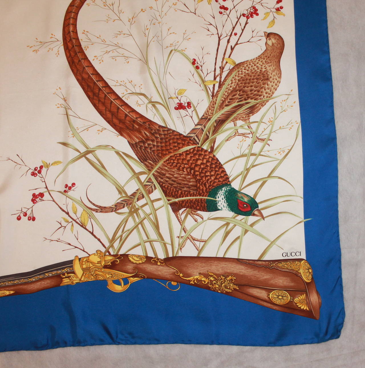 Beige Gucci Hunting Large Printed Silk Scarf with Royal Blue Trim