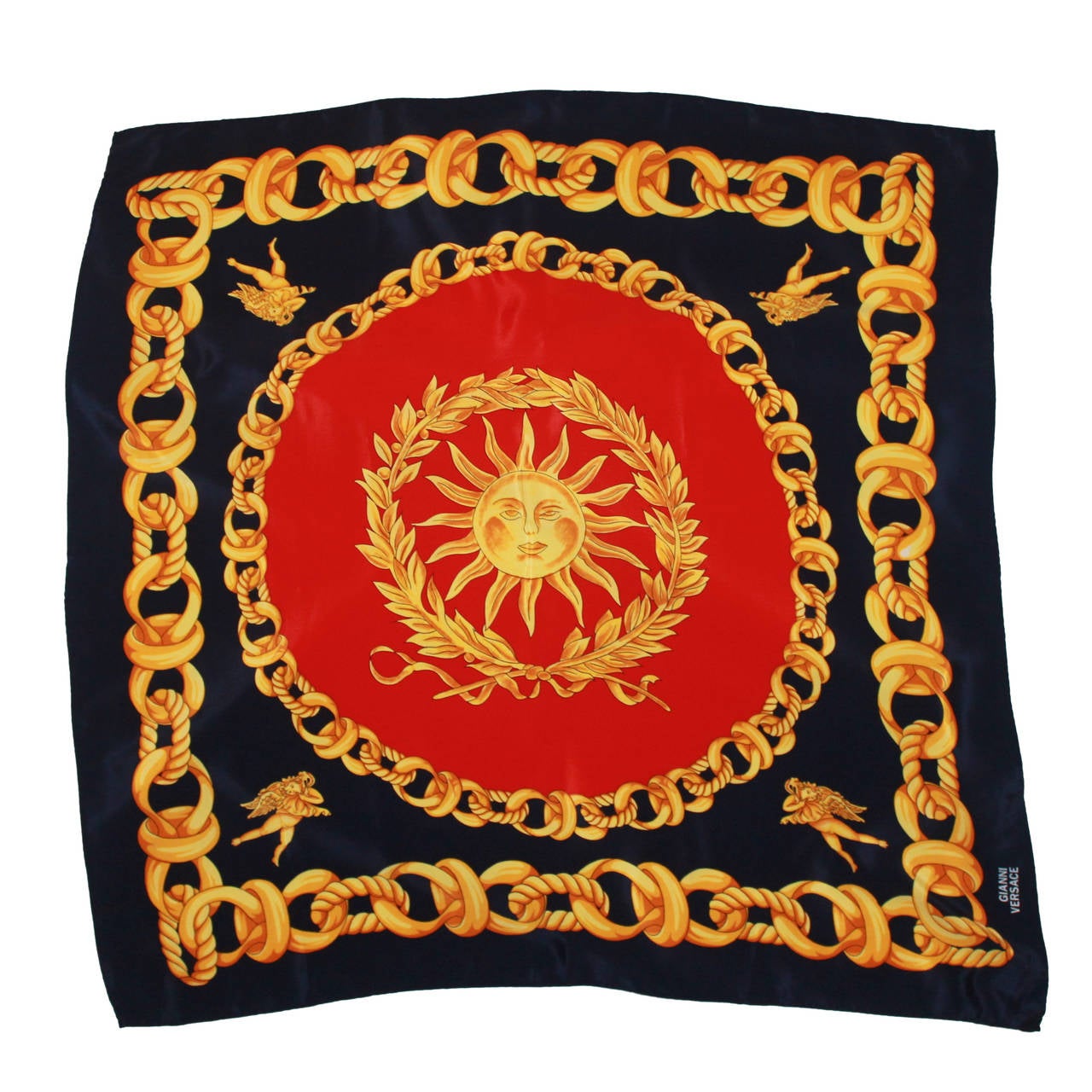Versace Red, Gold, and Navy Silk Chain Print Scarf