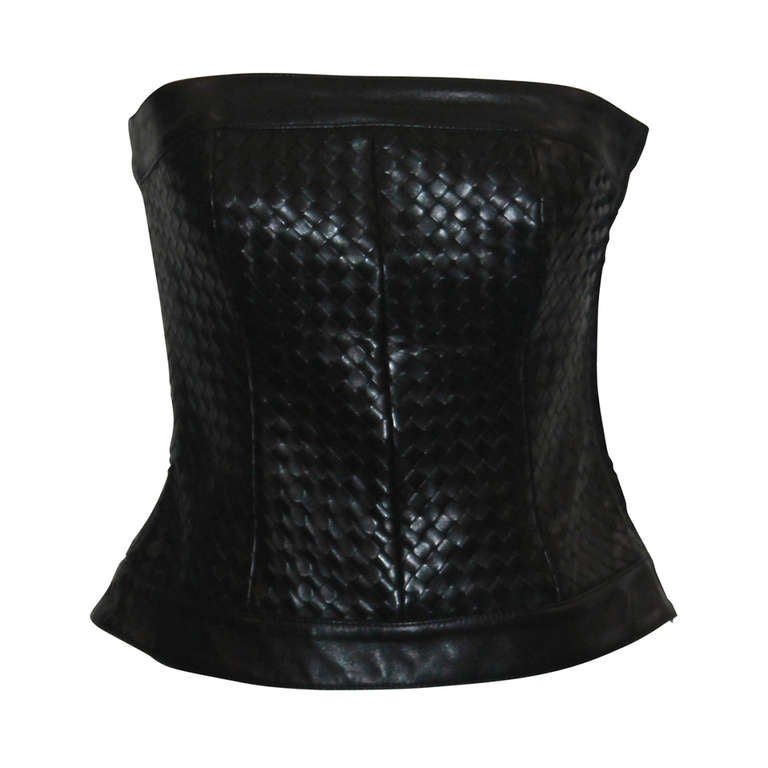 Bottega Veneta Black Leather Woven Bustier - 42