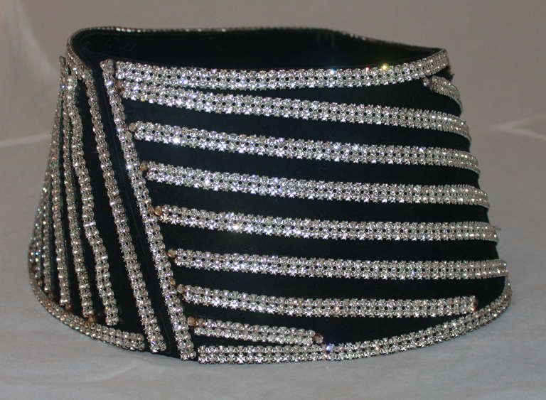 Jiki Black & Rhinestone Wide Belt - 40. The belt has horizontal and diagonal rhinestoned stripes. It is in good vintage condition with minor rust spots on the bottom of some stripes.