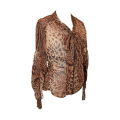 YSL Leopard Printed Sheer Blouse with Gatherings - S
