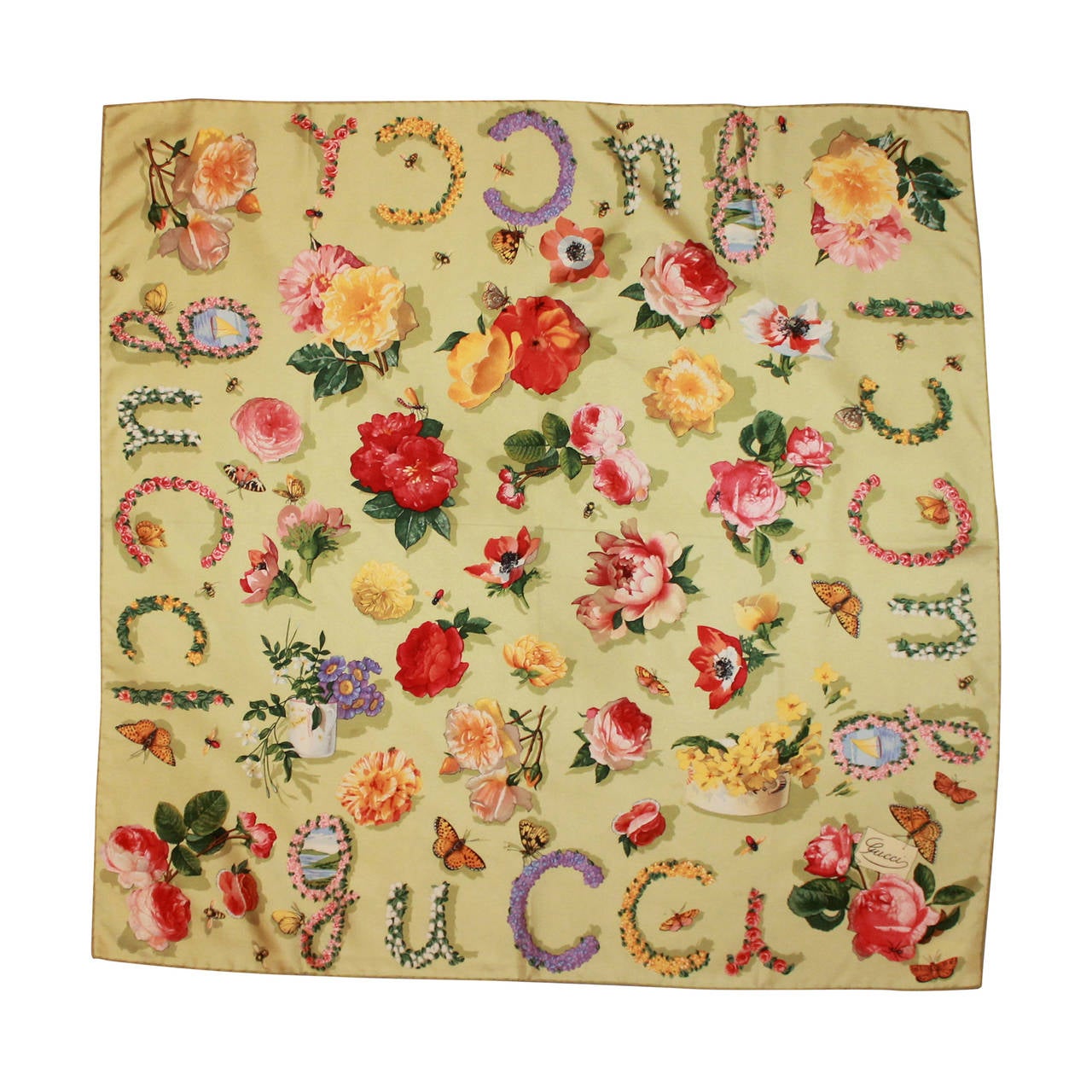 Gucci Lime Floral and Butterfly Scarf with Logo Trim at | gucci scarf