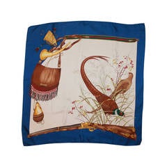 Vintage Gucci Hunting Large Printed Silk Scarf with Royal Blue Trim