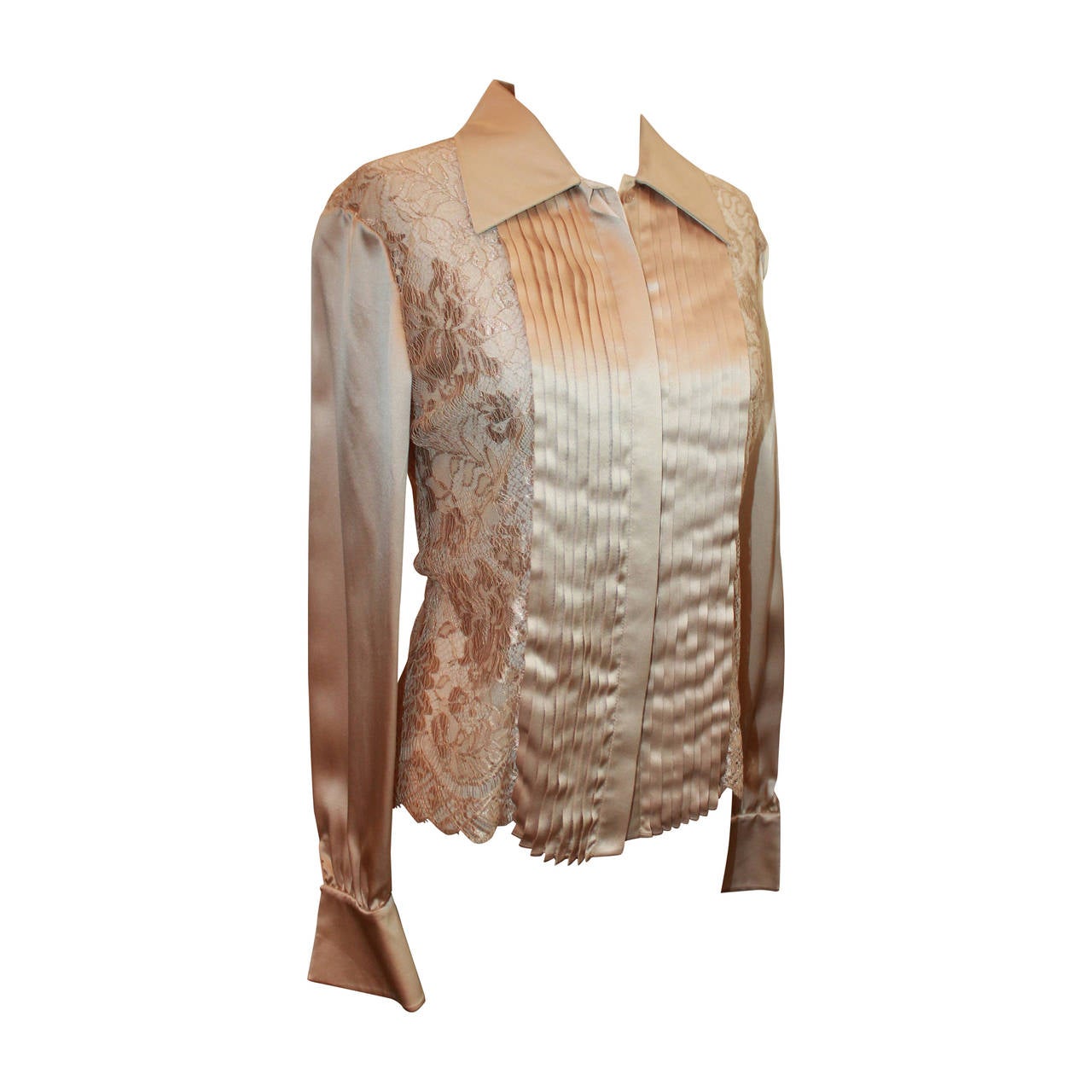 Valentino Beige Silk and Lace Long Sleeve Shirt - 10
