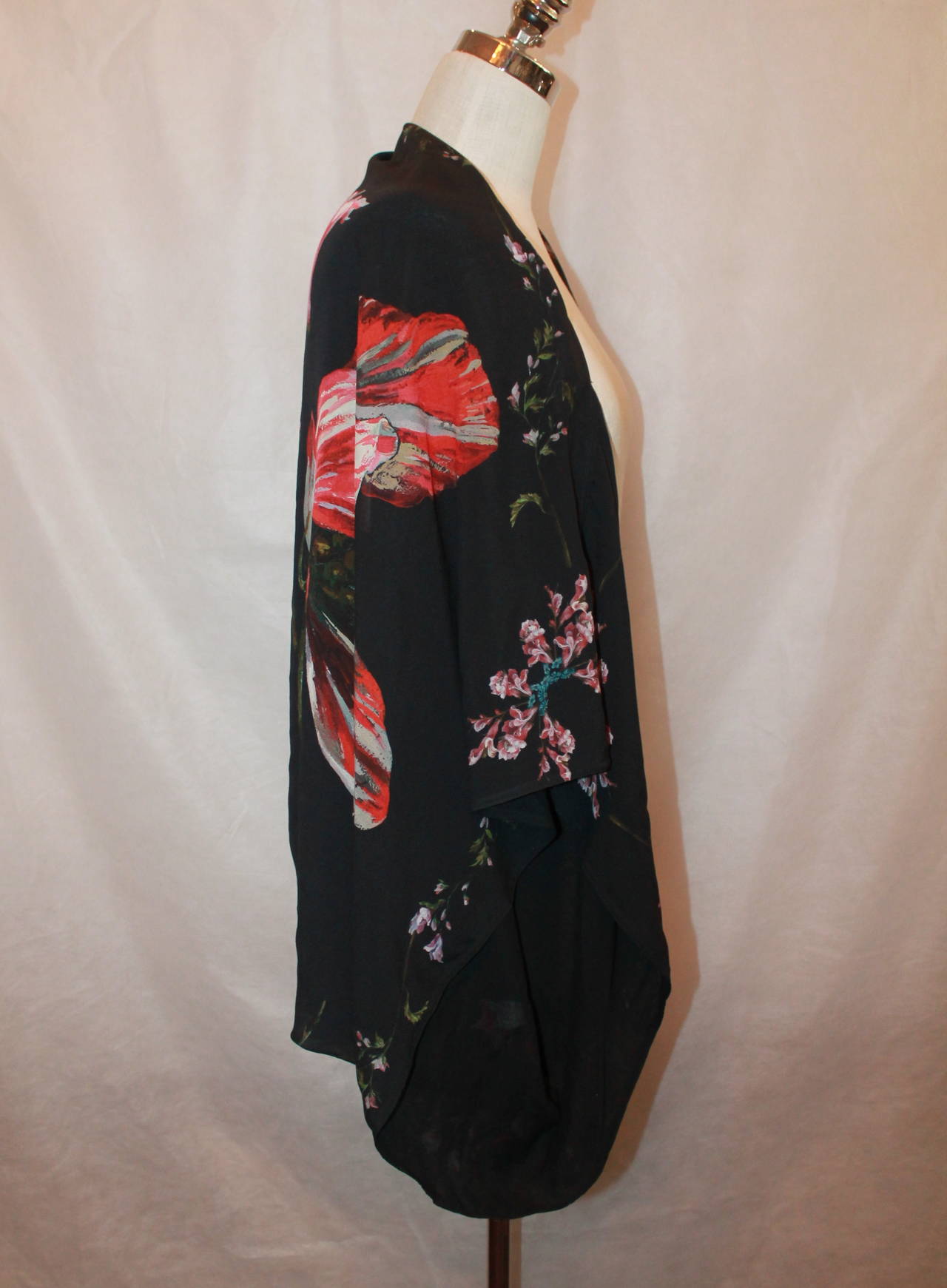 Alexander McQueen Black Silk Chiffon Floral Printed Kimono - 10 2