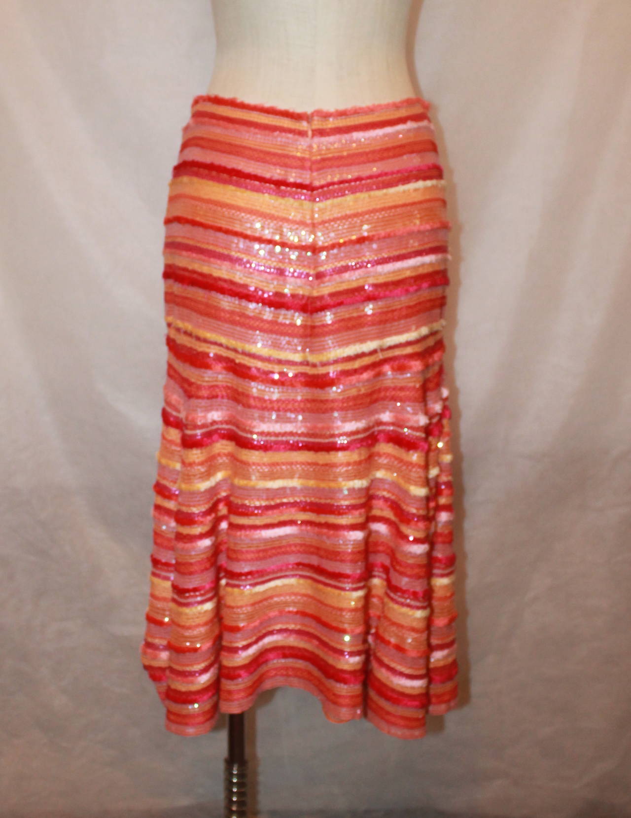 Naeem Khan Pink, Orange & Fuschia Sequin Skirt with Fringe - 10 1