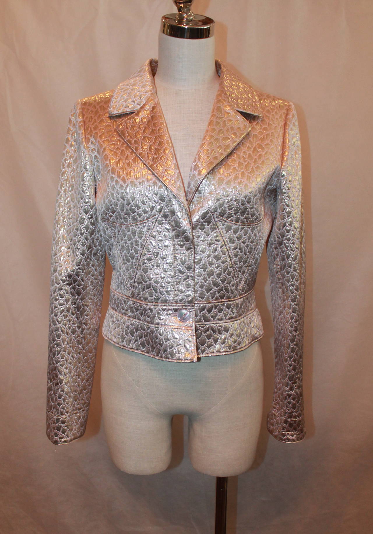 Valentino 1990's Vintage Rose Gold Pink Silk Brocade Jacket - 8. This jacket is in excellent condition and is printed.

Measurements:
Bust- 38