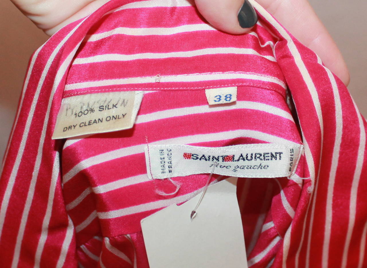 YSL 1960's Vintage Fuchsia & White Striped Long Sleeve Blouse - 38 In Good Condition For Sale In West Palm Beach, FL