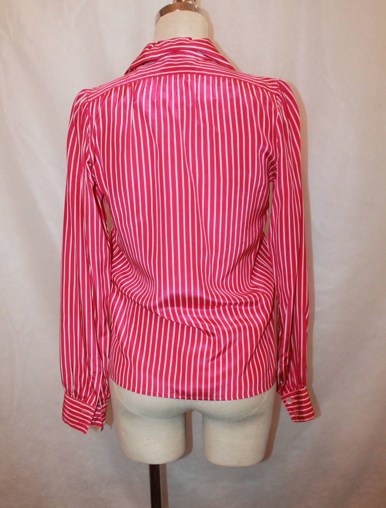 Red YSL 1960's Vintage Fuchsia & White Striped Long Sleeve Blouse - 38 For Sale