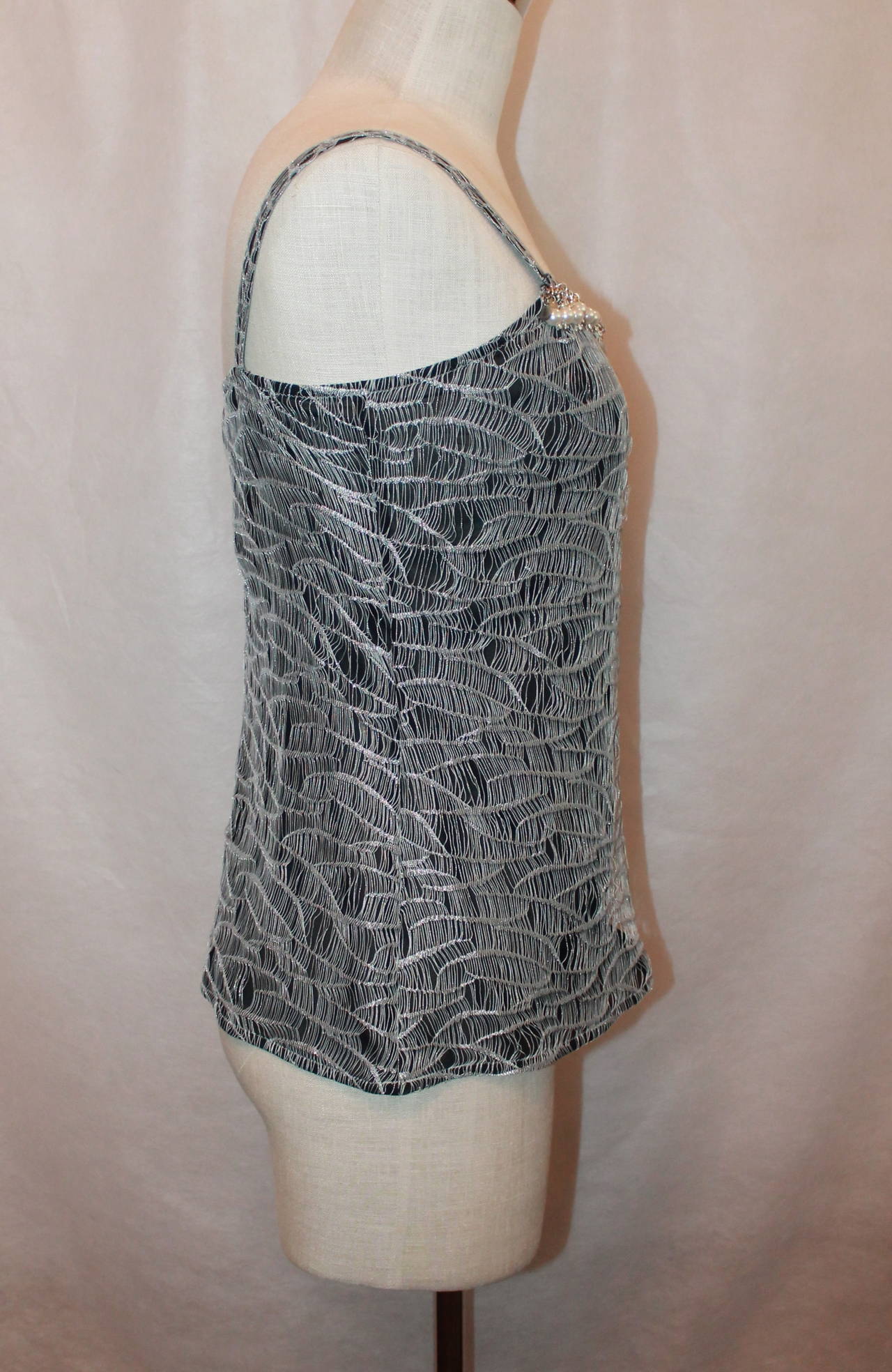 Gray Chanel 1990's Vintage Black & White Lace Top with Pearl Detail - 44