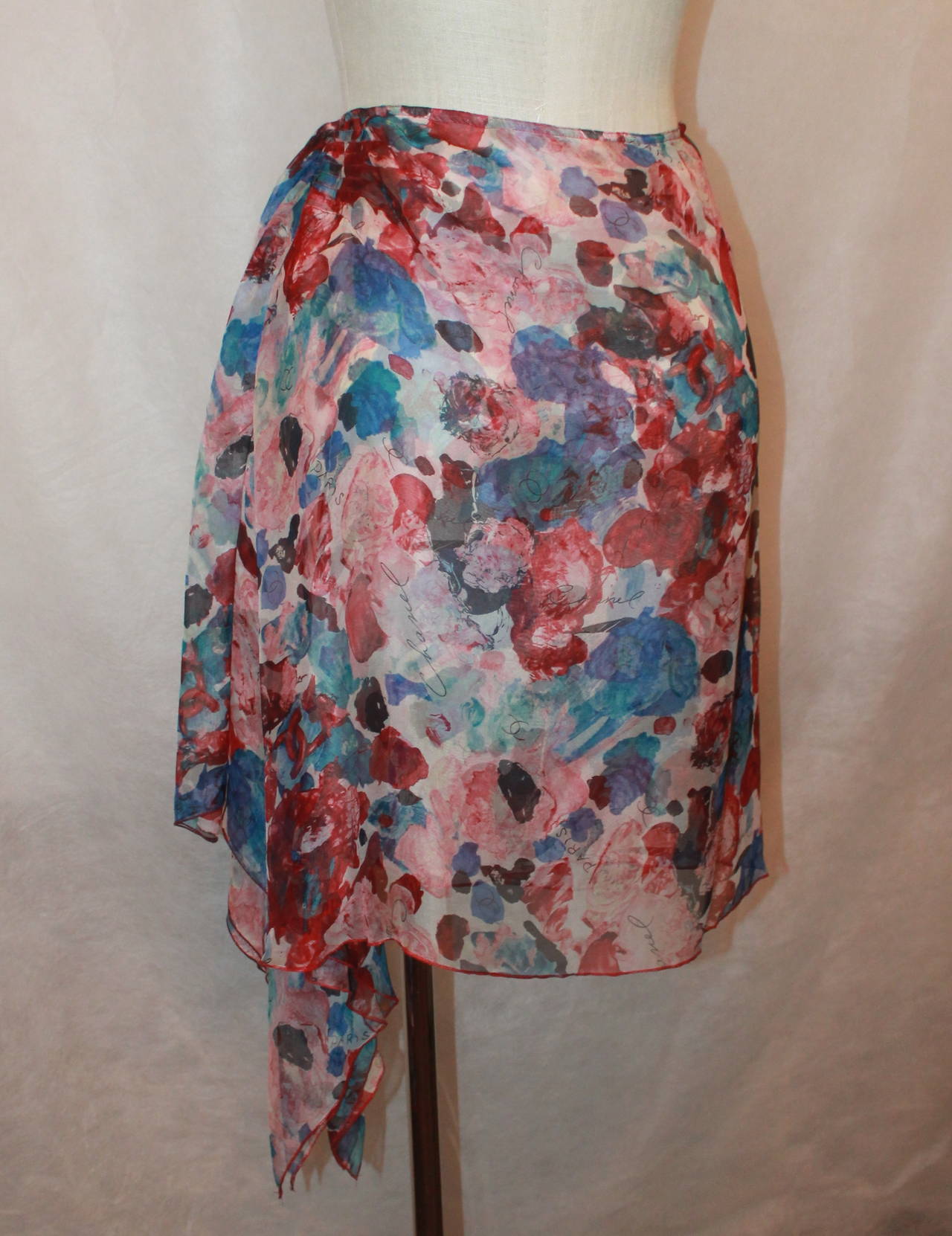 Chanel 2000's Multi-Color Floral & Chanel Printed Silk Chiffon Skirt - 38 In Excellent Condition In West Palm Beach, FL