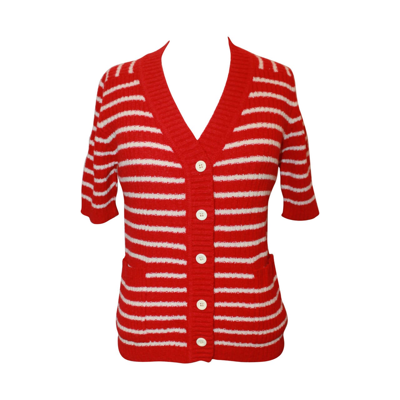 Lanvin 1970's Red and White Striped Wool Blend Short Sleeve Cardigan - 42  For Sale at 1stDibs