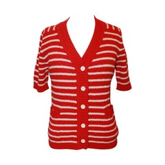 Lanvin 1970's Red & White Striped Wool Blend Short Sleeve Cardigan - 42