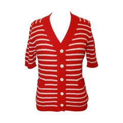 Lanvin 1970's Red & White Striped Wool Blend Short Sleeve Cardigan - 42 11