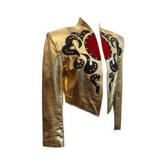1980's Vintage Gold Leather Jacket with Front Design - M