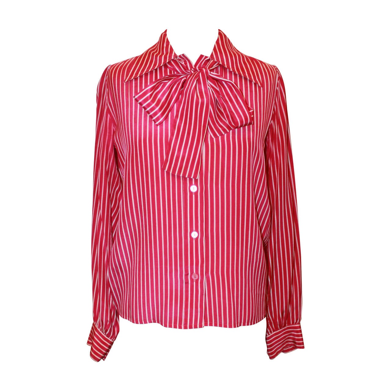 YSL 1960's Vintage Fuchsia & White Striped Long Sleeve Blouse - 38 For Sale