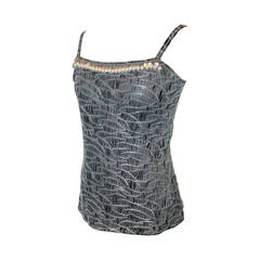 Chanel 1990's Vintage Black & White Lace Top with Pearl Detail - 44 1