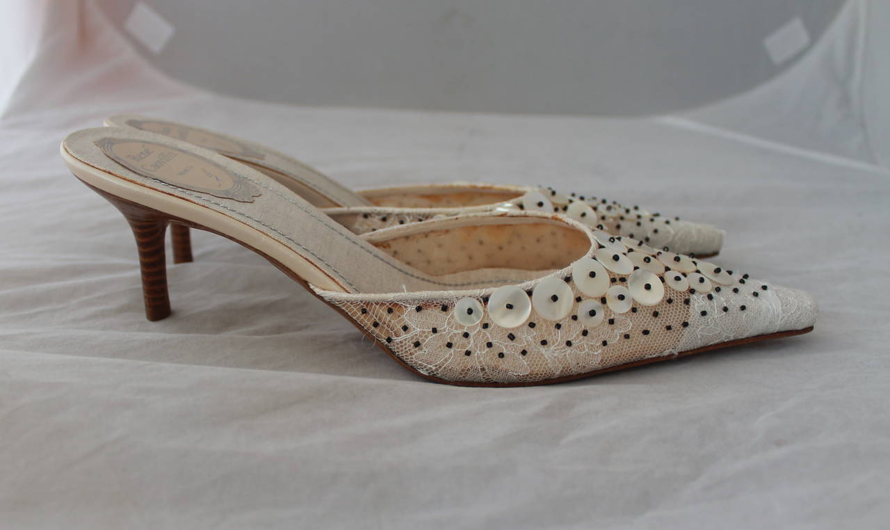 Brown Rene Caovilla Ivory Lace & Mother of Pearl Beaded Heels - 40