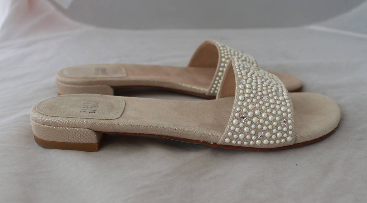 Gray Stuart Weitzman Creme Fabric Sandals with Pearl & Rhinestone Detail - 7