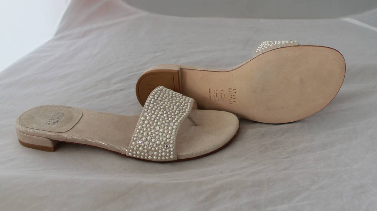 Women's Stuart Weitzman Creme Fabric Sandals with Pearl & Rhinestone Detail - 7