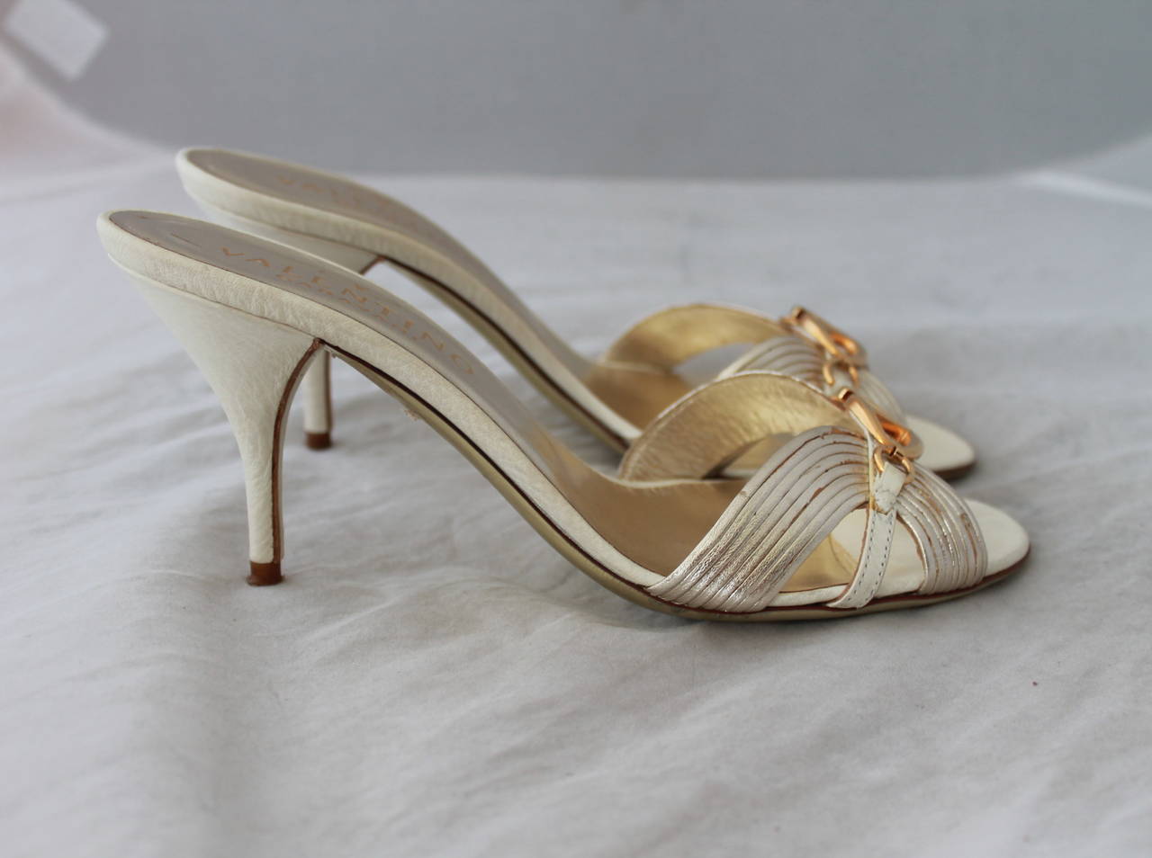 Brown Valentino Gold Metallic Leather Sandals with Gold Logo - 37