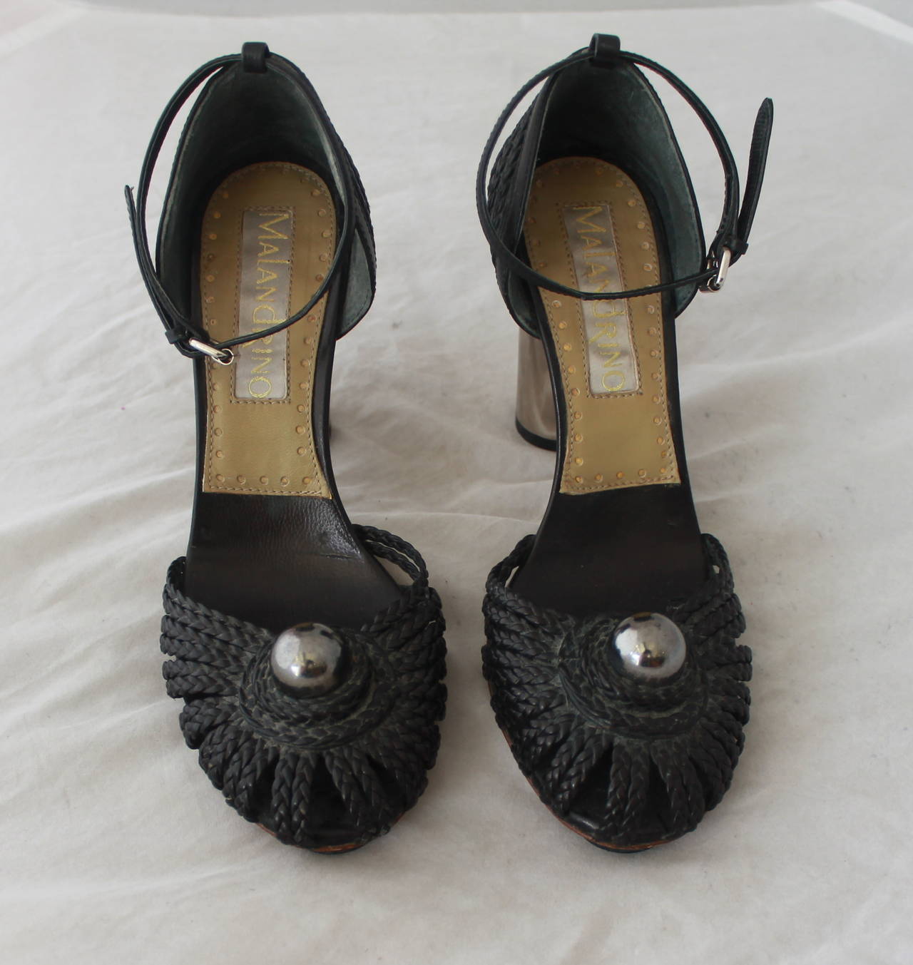Malandrino 1990's Vintage Black Braided Leather Heels with Ankle Strap -  36.5 In Good Condition In West Palm Beach, FL