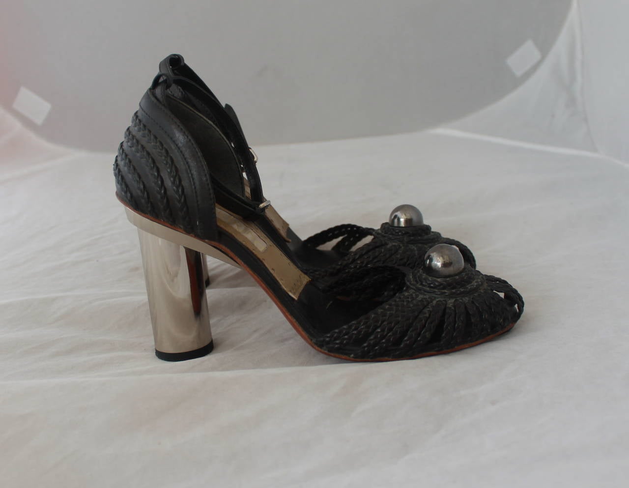 Women's Malandrino 1990's Vintage Black Braided Leather Heels with Ankle Strap -  36.5