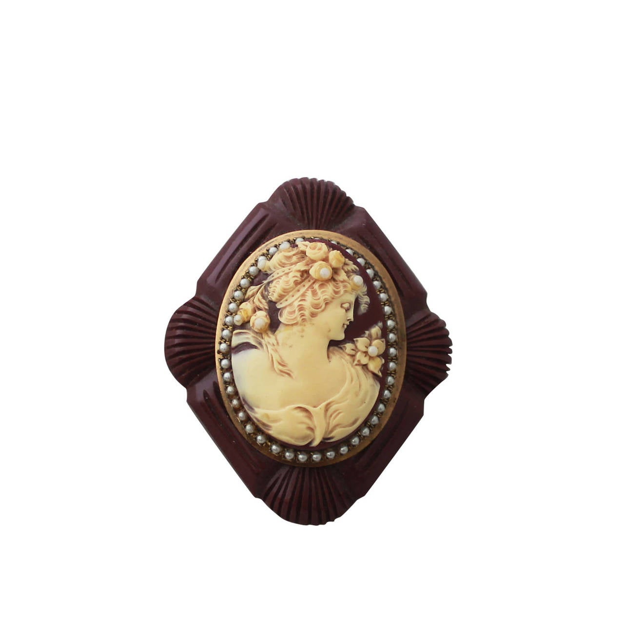 1980's Vintage Mahogany Carved Wood Cameo Pin with Pearls