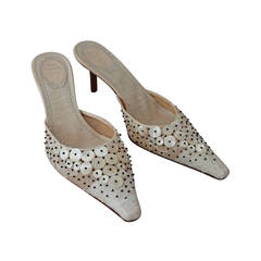 Rene Caovilla Ivory Lace & Mother of Pearl Beaded Heels - 40