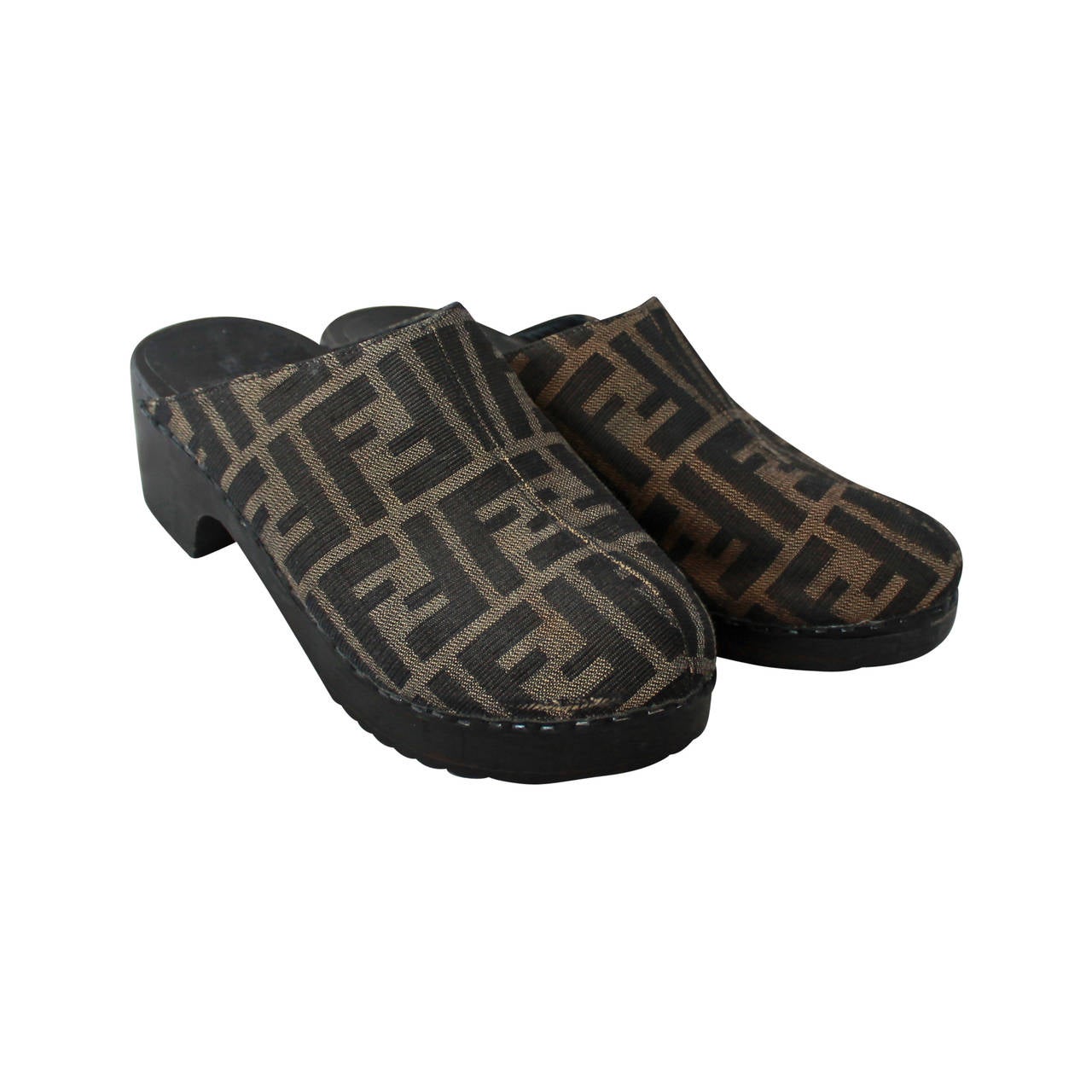 Fendi Brown Monogram Printed Fabric Clogs - 6 For Sale