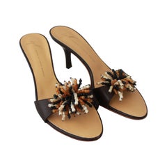 Giuseppe Zanotti Brown Leather Slides with Fringing Bead Cluster - 37.5