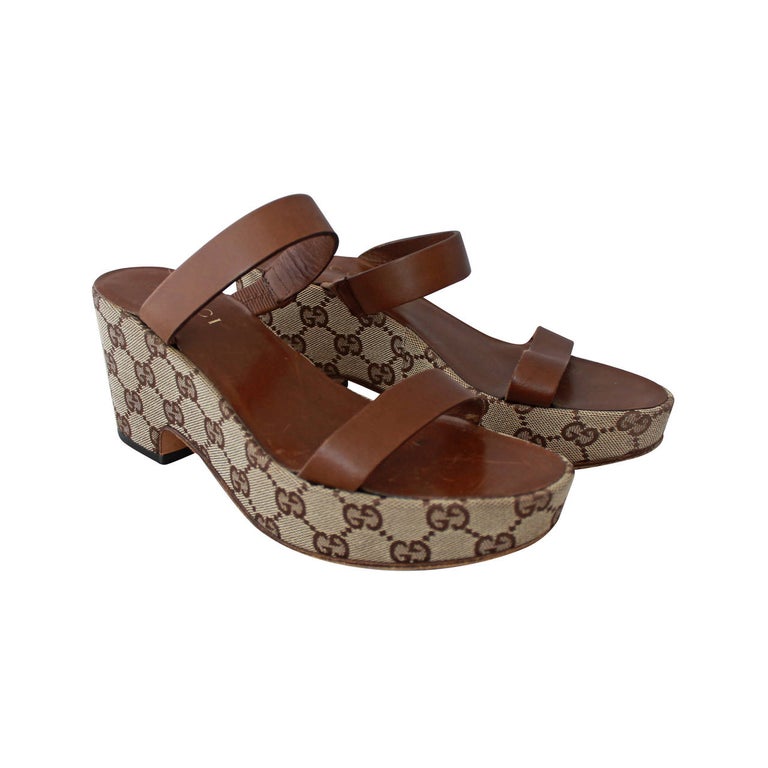 Gucci Brown Monogram Wedge Sandal - 6 For Sale at 1stDibs
