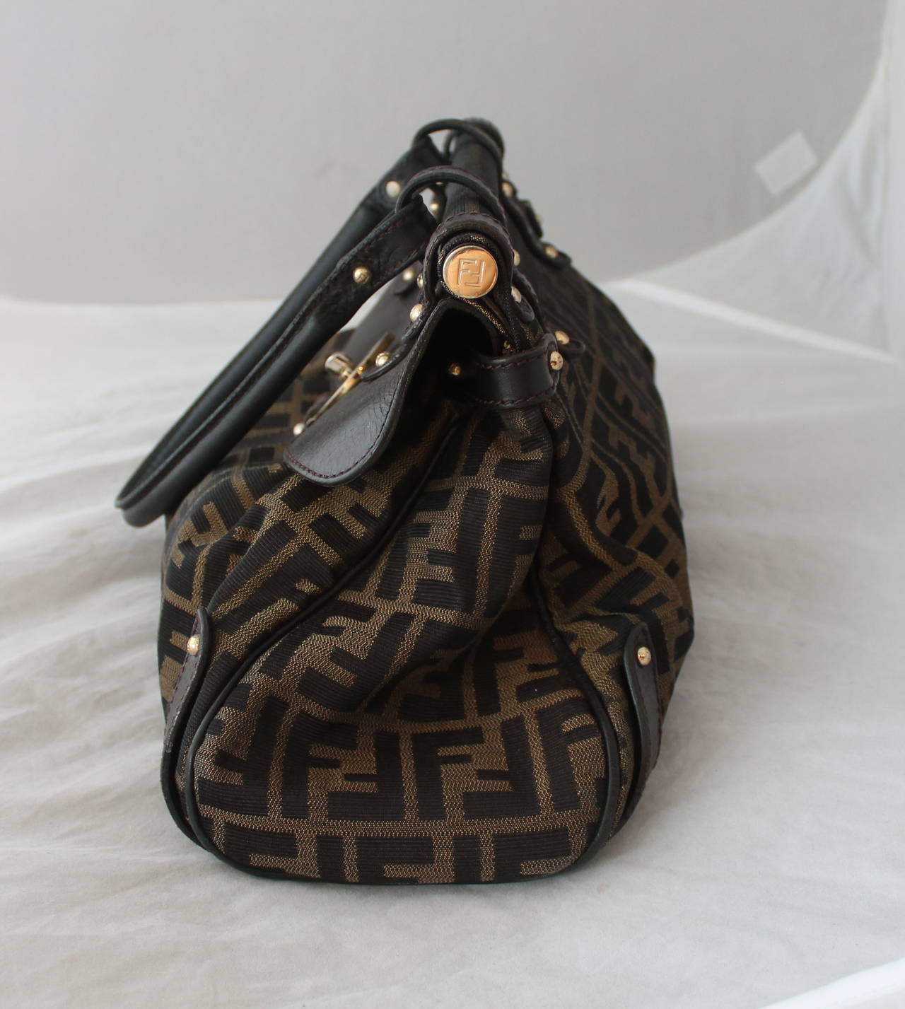 Women's Fendi Brown Monogram Print & Leather Top Handle Shoulder Bag