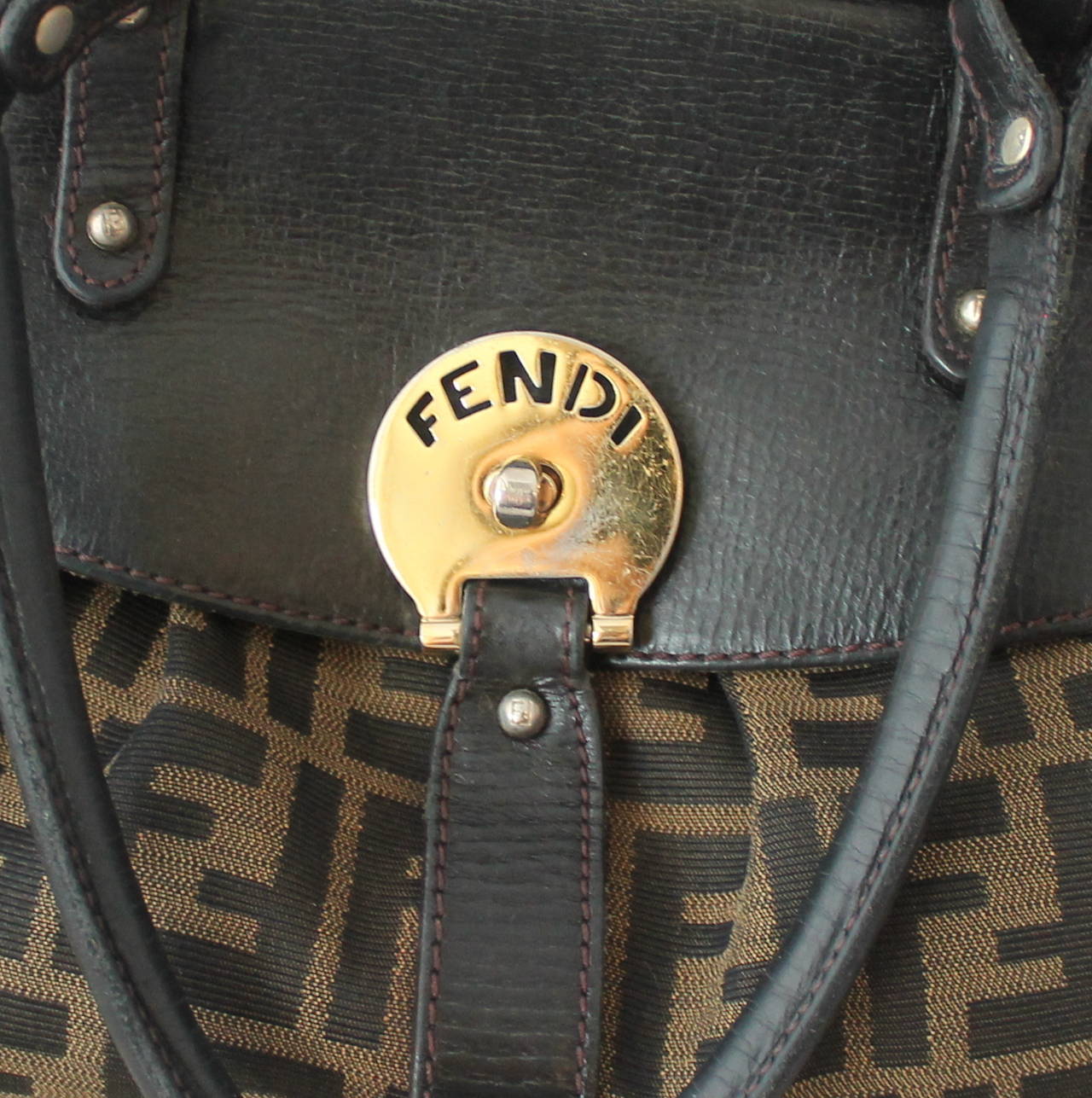 Fendi Brown Monogram Print & Leather Top Handle Shoulder Bag 1