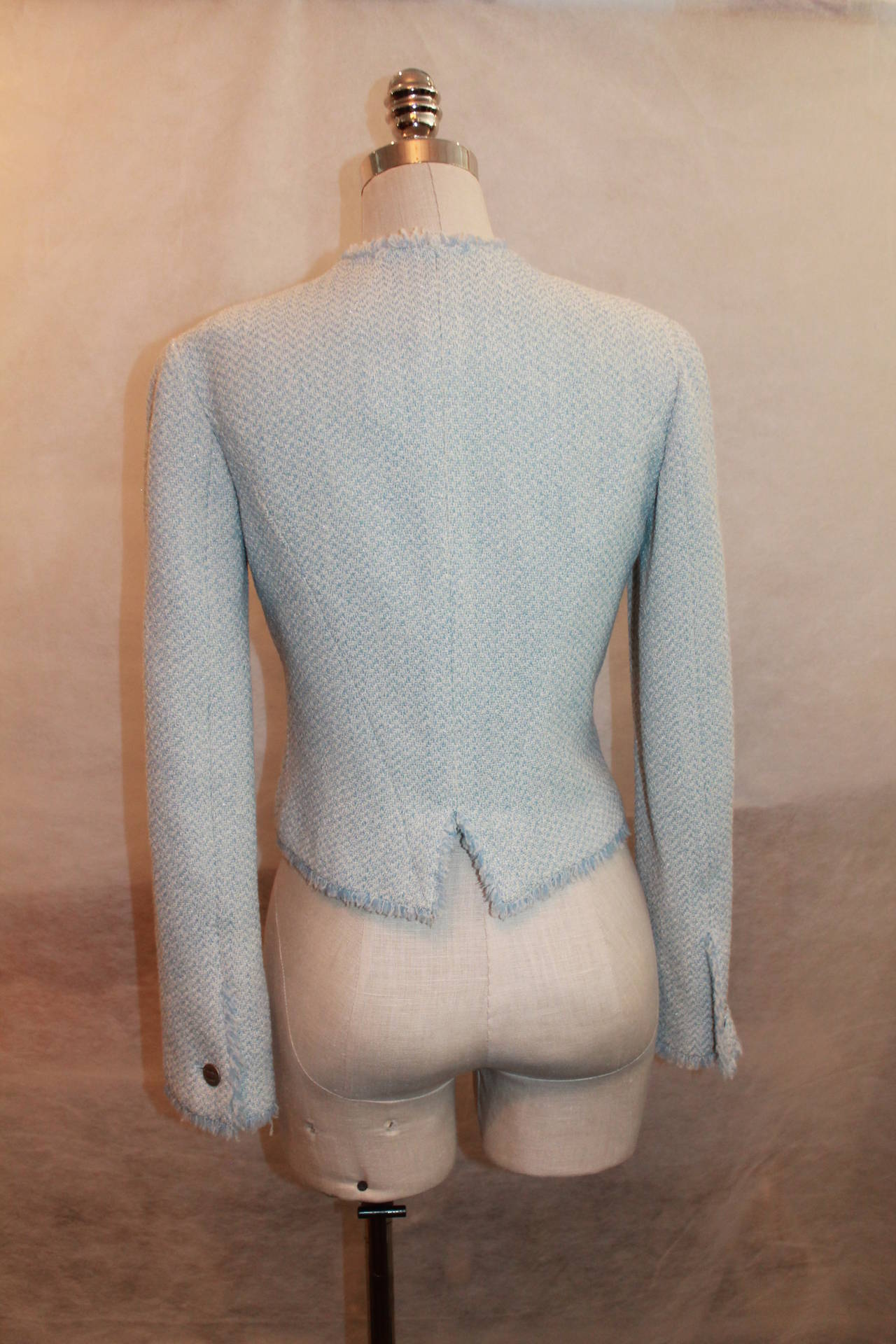 Gray Chanel 2000 Baby Blue & White Tweed Crop Jacket with Fringe Trim - 38
