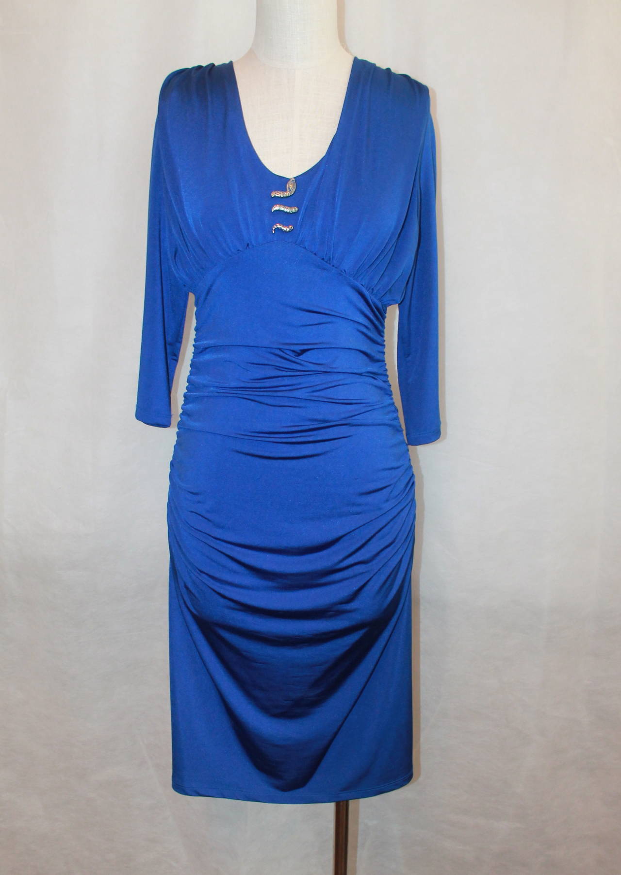 Roberto Cavalli Royal Blue Jersey Ruching 3/4 Sleeve Dress - S - NWT. This dress is in very good condition with minor pulling in the front/middle (image 5). There is ruching on the sides of the dress and a main one in the middle of the back. It has
