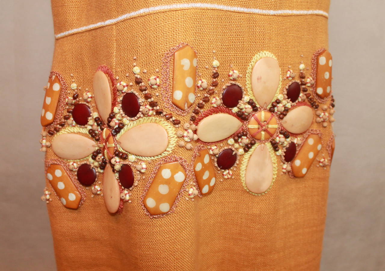 Women's Oscar de la Renta Mustard Linen Heavy Floral Beaded Dress - 12