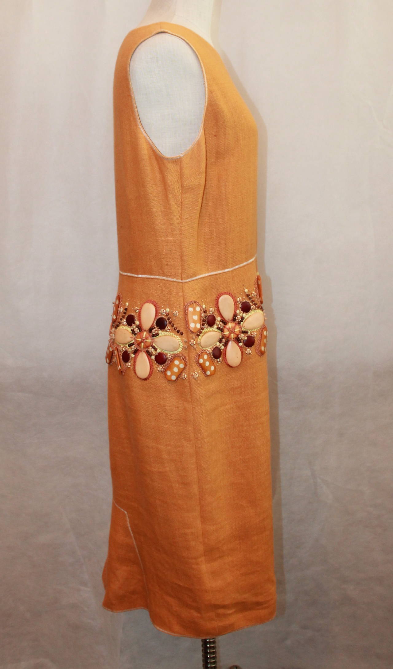 Orange Oscar de la Renta Mustard Linen Heavy Floral Beaded Dress - 12