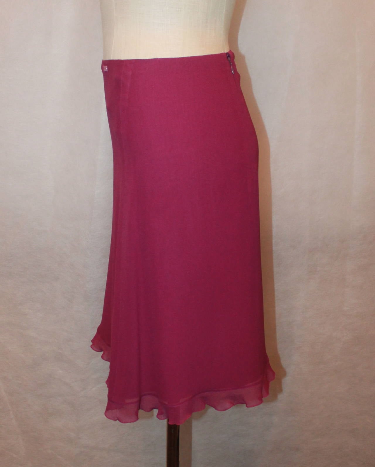 Red Chanel 2001 Raspberry Silk Chiffon Skirt with Bottom Ruffle - 38