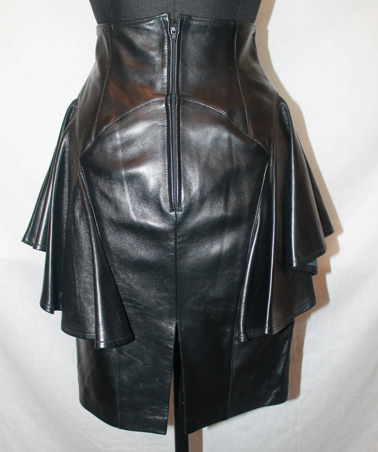 Jean Claude Jitrois Black Leather Flounce Skirt - 38 1